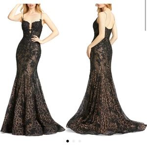 Mac Duggal Rare Black Sequin Illusion Trumpet Lace Dress